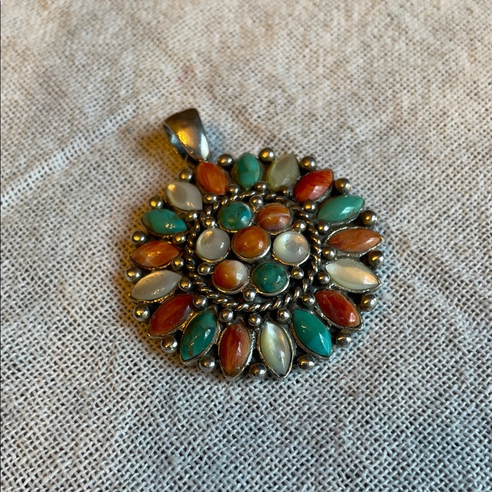 Vintage Sterling Silver Western Pendant Turquoise, MOP, Red Coral Floral Charm